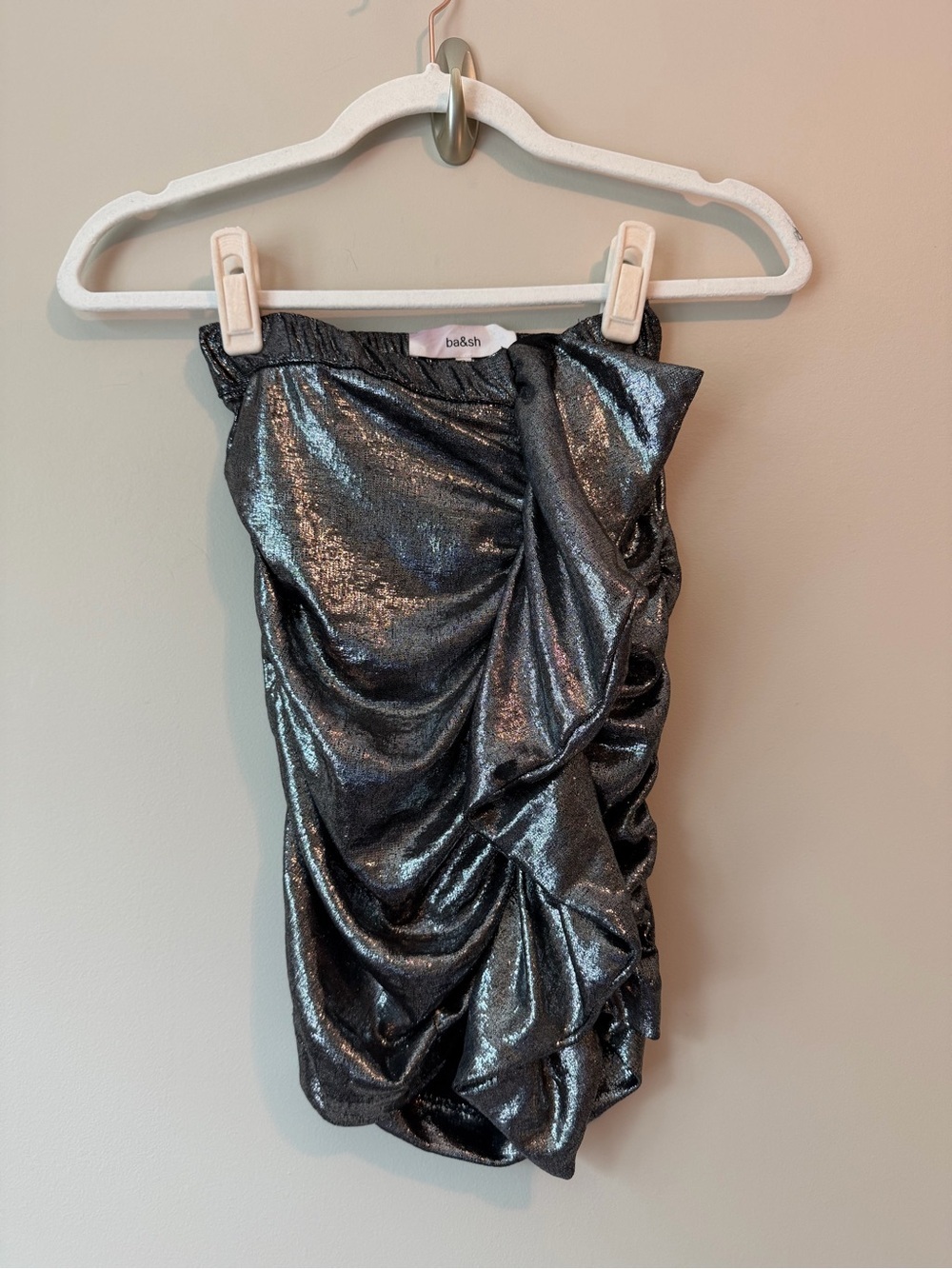 Ba&sh Metallic Silver Strapless Ruched Mini Dress Sz 0 VGUC